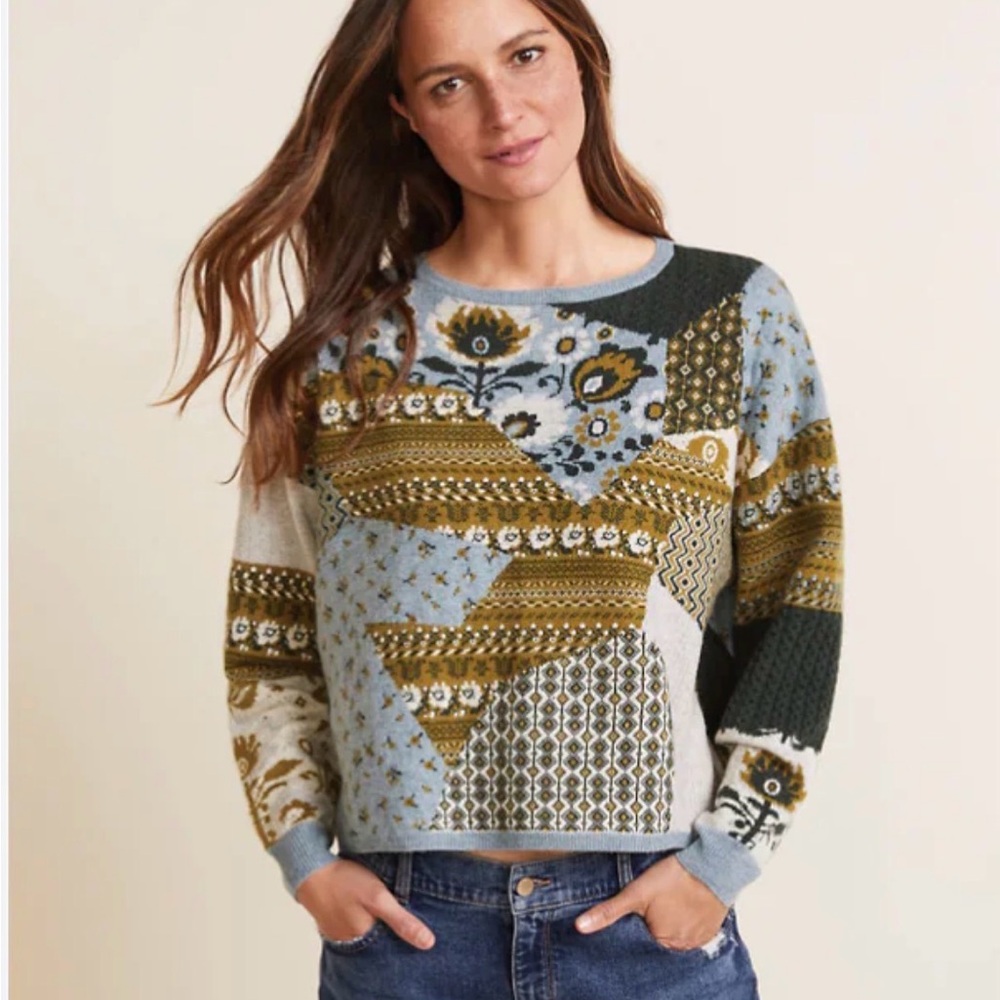 Garnet Hill Patchwork Crewneck Sweater in Light Blue and Olive.Recycled cashmere